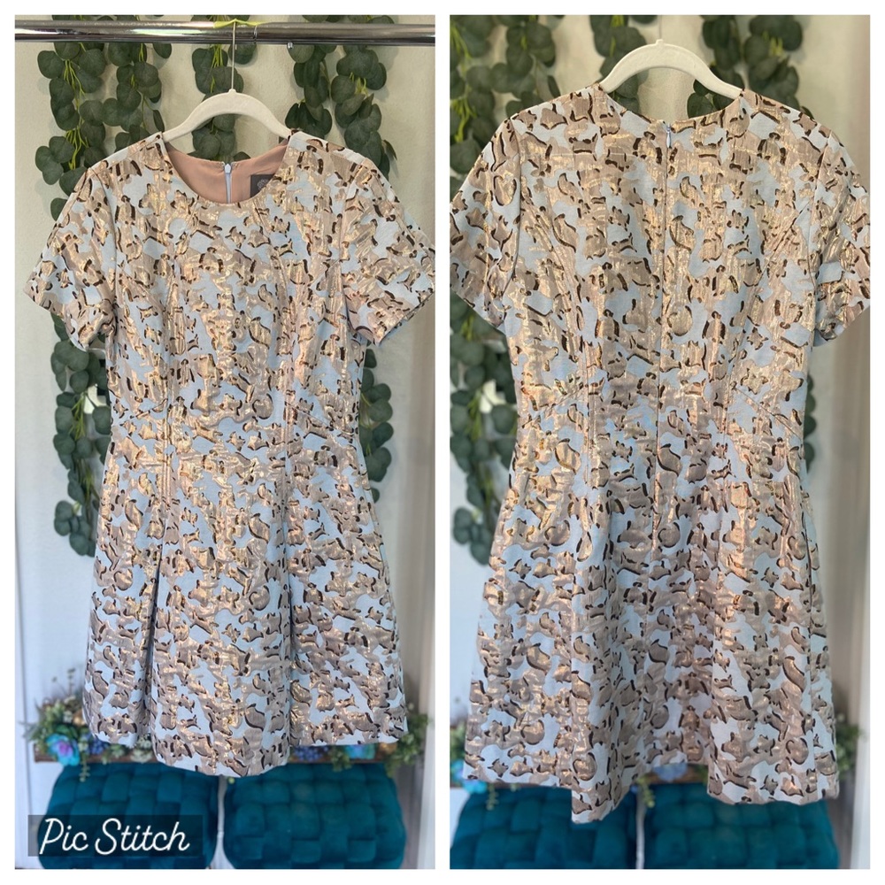 Vince Camuto Dress Women's Dress - Metallic Jacquard Blue Gold w Pockets